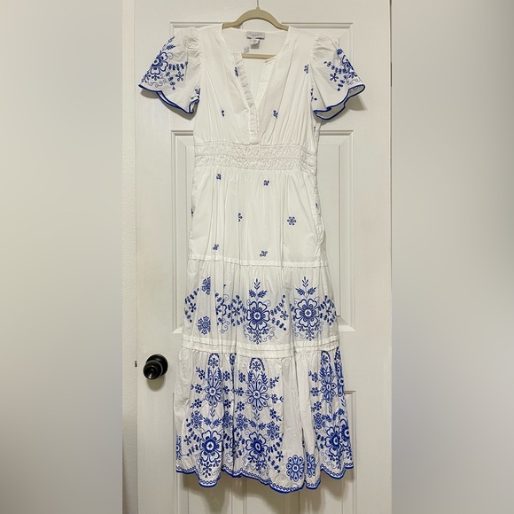 CALYPSO ST. BARTH white Maxi short sleeve Blue Embroidered Eyelet Dress size M - Picture 8 of 11